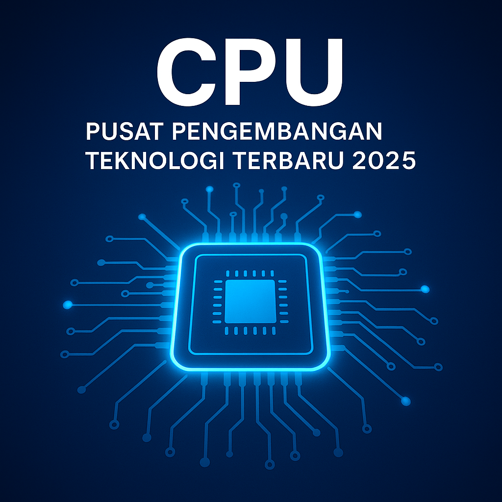 Ilustrasi prosesor bercahaya biru dengan sirkuit elektronik yang melambangkan CPU sebagai pusat pengembangan teknologi digital tahun 2025