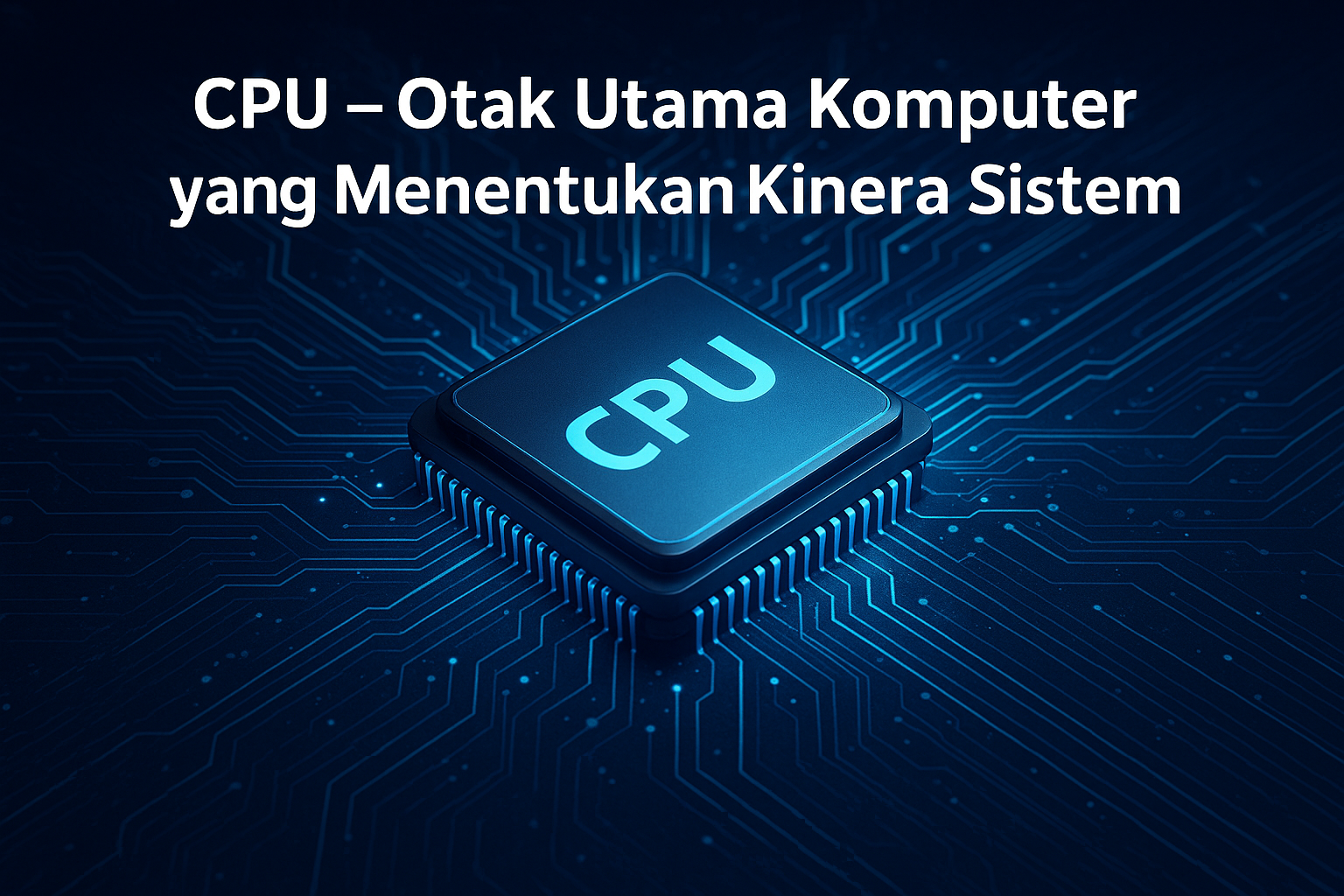 Ilustrasi CPU komputer modern dengan sirkuit digital dan cahaya biru futuristik.