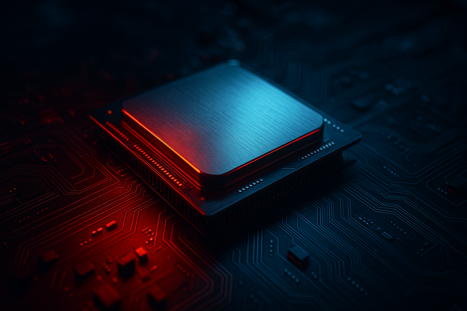Gambar prosesor CPU komputer modern dengan pencahayaan merah kebiruan di atas motherboard futuristik.