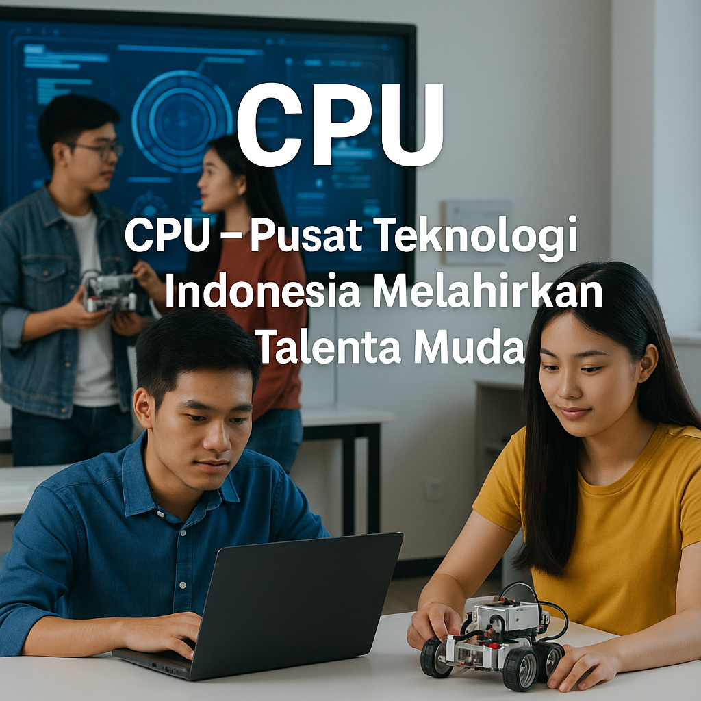 Siswa CPU sedang belajar di laboratorium teknologi dengan komputer dan robotika, suasana modern dan futuristik.