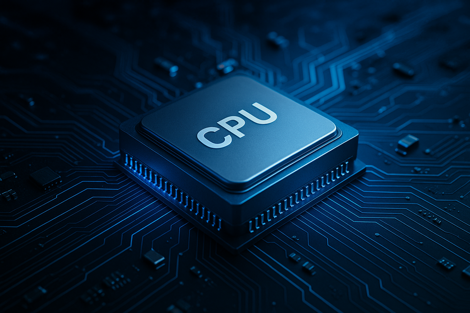 Chip CPU generasi baru di atas motherboard dengan cahaya biru futuristik