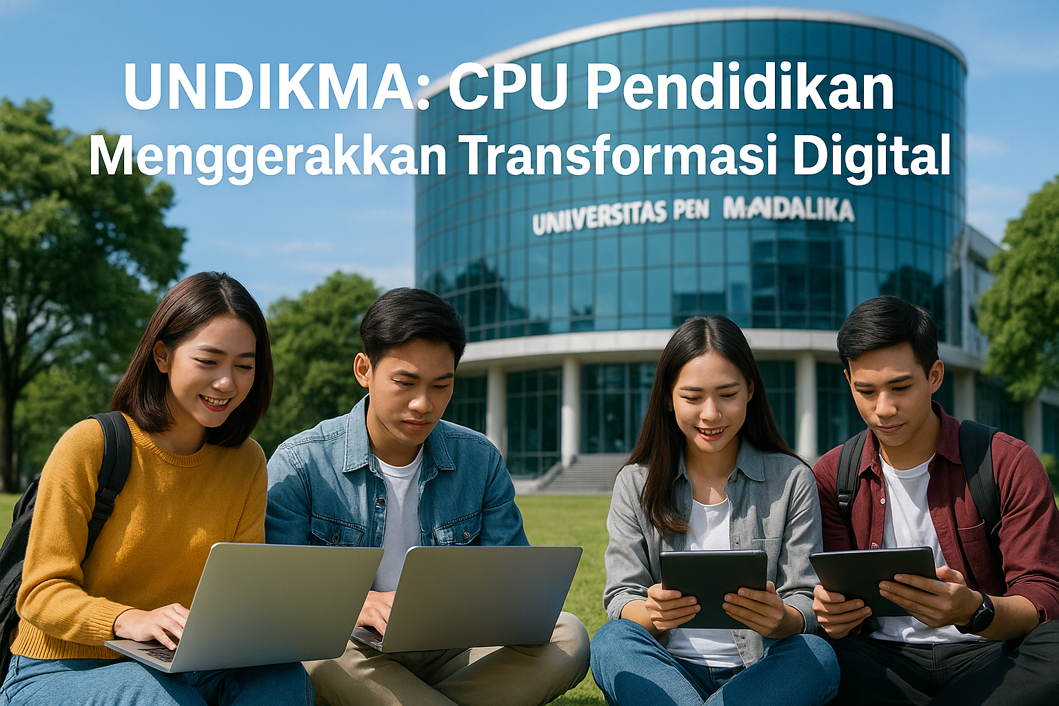 Mahasiswa UNDIKMA belajar menggunakan perangkat digital di depan gedung kampus modern.