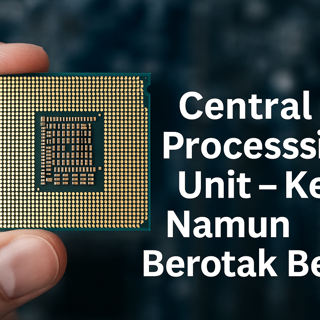 Chip prosesor CPU dipegang dengan tangan di atas motherboard biru, menggambarkan teknologi kecil namun berotak besar.