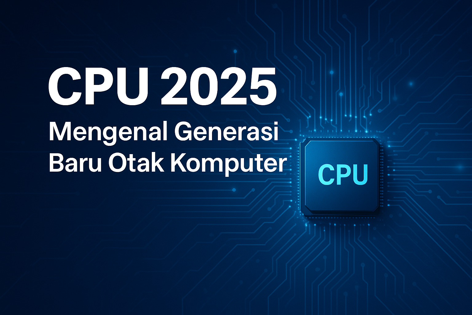 Ilustrasi futuristik CPU 2025 dengan chip bercahaya biru, menggambarkan otak komputer generasi baru yang cerdas dan efisien.