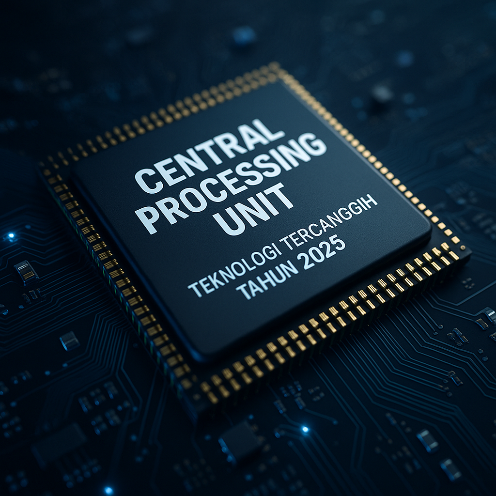 Close-up CPU modern tahun 2025 dengan rangkaian elektronik berwarna biru yang menampilkan teknologi prosesor tercanggih.